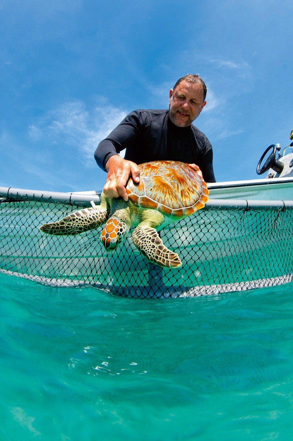 For the past two decades, Nick Pilcher has been working with turtles in Malaysia, encouraging fishers to equip their nets with Turtle Excluder Devices that will help them to avoid catching these gentle marine reptiles.<br />
Photo by Gilbert Woolley